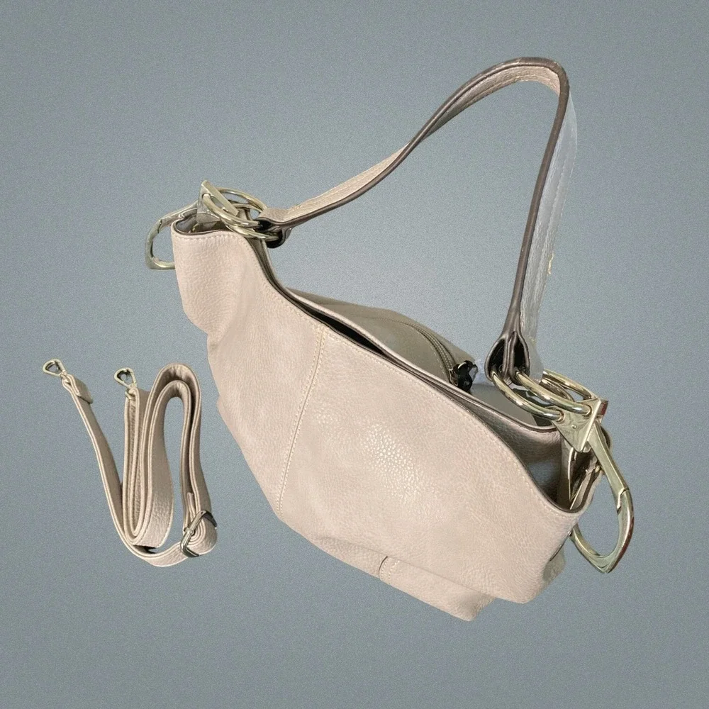 New Americana Purse Beige Pebbled Faux Leather‎ Handbag Pockets Shoulder Strap